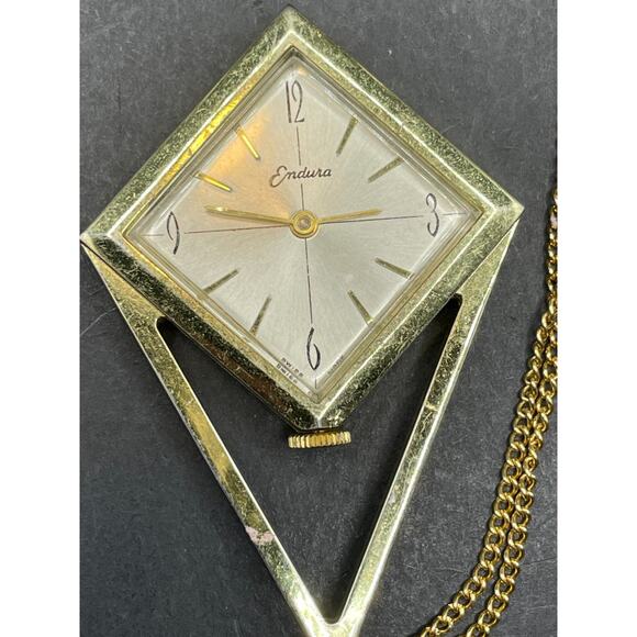 Vtg Endura 1970s Geometric Ladies Swiss Made Pendant Watch Necklace Gold Tone - Picture 1 of 7